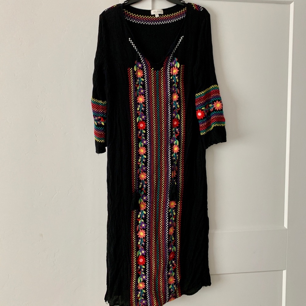 Black Embroidered Mexican Gauze Dress